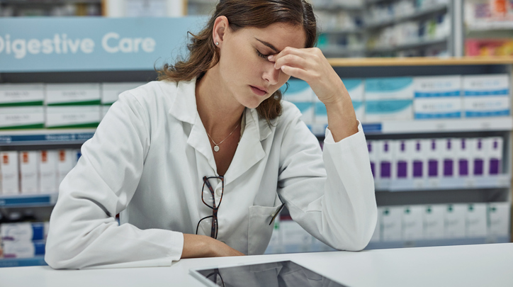 Frustrated Pharmacist Sitting with Tablet