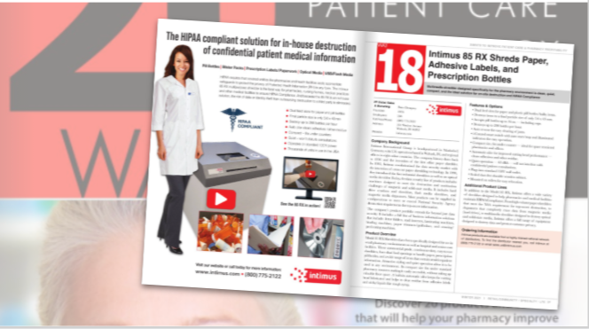Intimus 85 RX Shreds Paper, Adhesive Labels, and Prescription Bottles